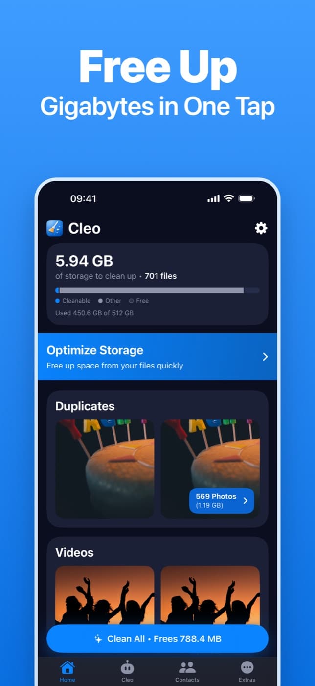 Cleo home screen showing storage to clean up