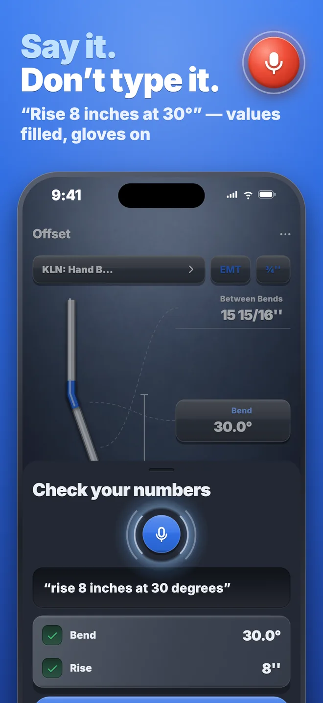 Arrowmark voice input: the phrase rise 8 inches at 30 degrees fills Rise and Bend